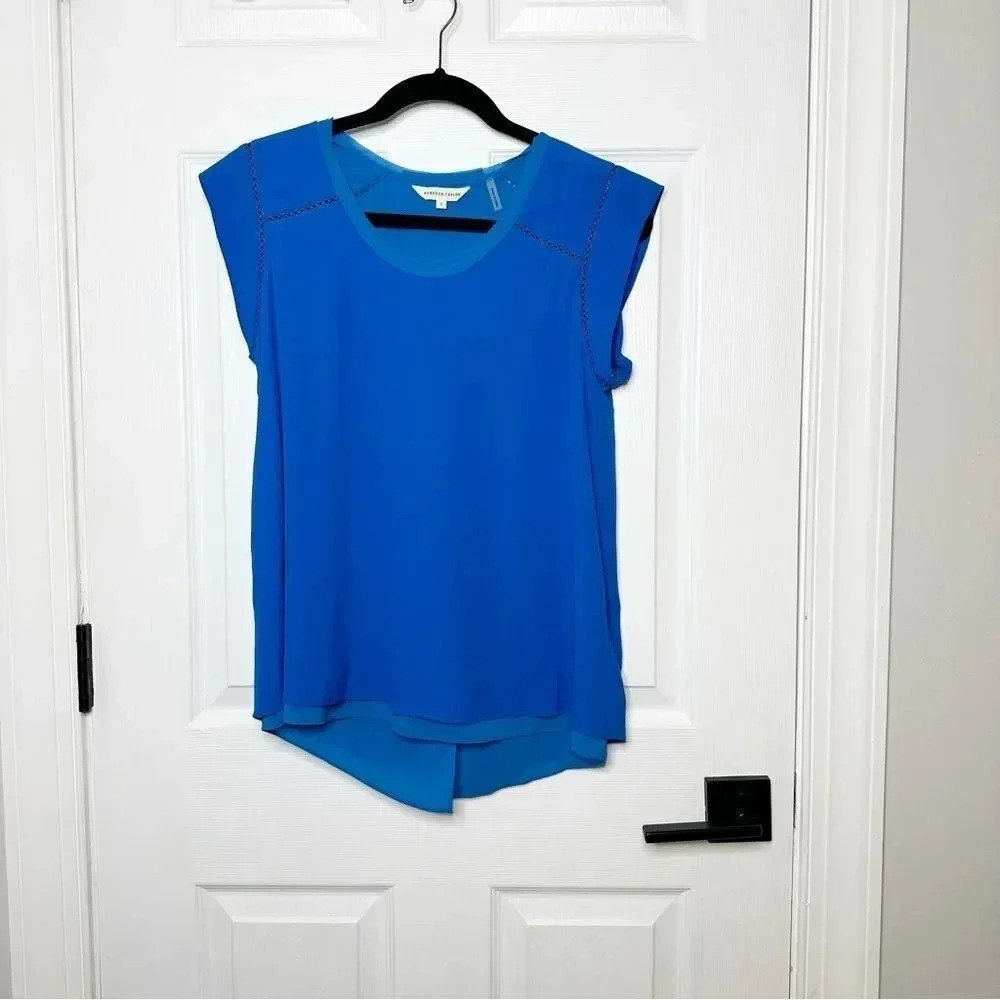REBECCA TAYLOR Split Back Short Sleeve‎ Crepe Top Size 2 Blue Flowy